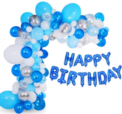 Alaina Solid Happy Birthday Decoration Kit 54 Pcs Combo Pack - 1 Set Happy Birthday Foil Letters (Blue Color) + 3 Pcs Silver Confetti Balloons + 10 Pcs Silver Chrome Balloons + 40 Pcs Metallic Balloons (Blue & White) Balloon(Blue, White, Silver, Pack of 54)
