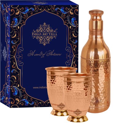 IndianArtVilla Pure Copper Drinkware Gift Set of Bottle, 2 Glass with gift box in Cocktail Design 2400 ml Bottle(Pack of 3, Brown, Copper)
