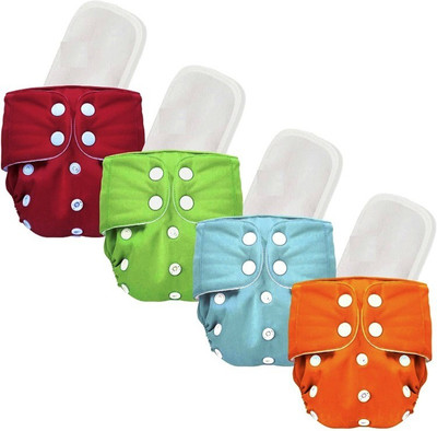 kogar All New Stylish Solid Multicolour 4 Button Red Green Orange Sky Cloth Diaper With White Insert For Baby New Born to 2 Year (4 diaper + 4 Insert) Jay-4b M - M(8 Pieces)