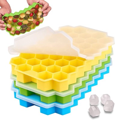 DOCOSS Pack of 3 Silicone Ice Cube Tray with Lid Ice Cube Mould silicon ice tray Mold Multicolor Silicone Ice Cube Tray(Pack of3)