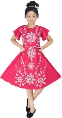 Nazrana Girls Below Knee Festive/Wedding Dress(Pink, Short Sleeve)