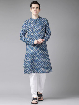 See Design Men Printed Straight Kurta(Light Blue, White)