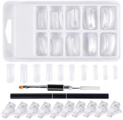 THR3E STROKES Nail Extensions Kit, 1PC 17CM Dual Ended Poly Gel Nail Brush, 100PCS Dual Forms Nails with Acrylic, 10PCS Transparent Nail Tips Clips for Poly Gel UV Gel Acrylic Nails Extension (CLEAR)(Clear)