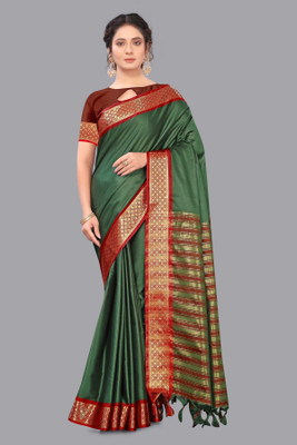 Anp Store Self Design Kanjivaram Jacquard Saree(Dark Green)