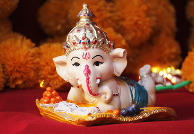 Miss Peach Handicrafted Resin Sacred Grace: Divine Ganesh Statue for Blessings & Prosperity Decorative Showpiece  -  13.2 cm(Polyresin, Beige, Blue, Gold, Red)