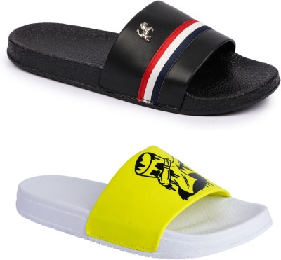 PERY-PAO Men Slides(Black, Yellow , 6)