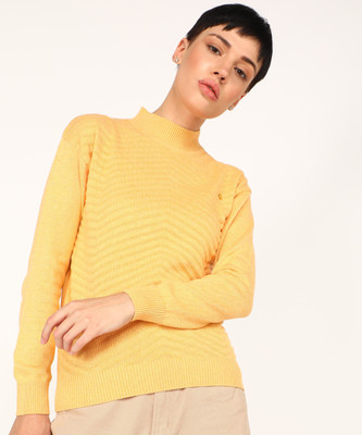 KILLER Self Design High Neck Casual Women Yellow Sweater