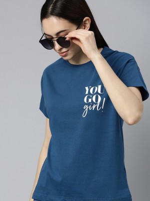 Mast & Harbour Typography Women Round Neck Blue T-Shirt
