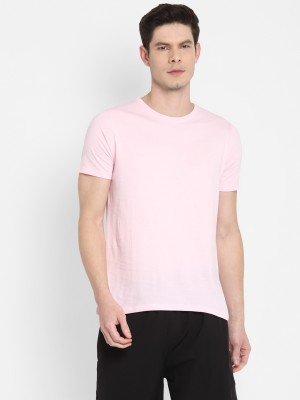 Ap'pulse Solid Men Round Neck Pink T-Shirt
