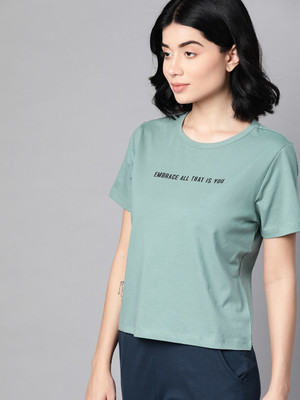 M&H Easy Typography Women Round Neck Blue T-Shirt
