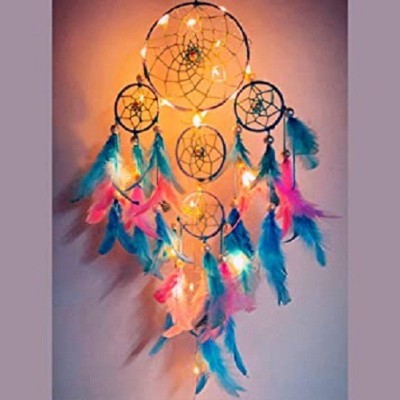 DHRUVTAR STORE Dhruvtar dream Catcher ~ Pastel 4 Tier with Pretty Lights ~ Handmade hangings Used for Wall Hanging, Decor, Balcony, Decor,Car, Wind Chimes, Room Feather, Wool Dream Catcher(16 inch, Pink, White)
