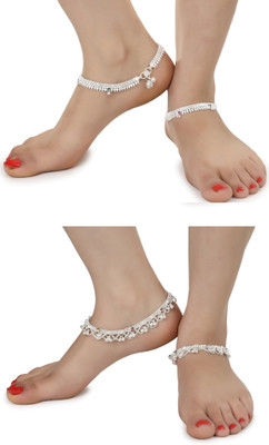 AanyaCentric Combo of Two Pair Silver Plated White Metal Indian Traditional Ethnic Fancy Payal Alloy Anklet(Pack of 4)