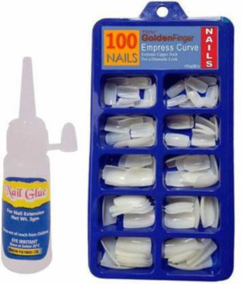 Ligament Artificial Nails Set With Acrylic fake /3gm glue WHITE(Pack of 100)