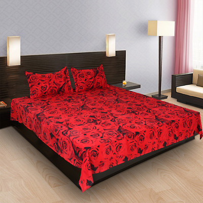 Bizwiz Polycotton King Flat 130 TC Floral Bedsheet(Pack of 1, Red)