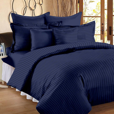 Feathersoft 210 TC Cotton Double Striped Flat Bedsheet(Pack of 1, Blue)
