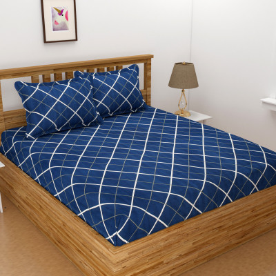 hansika textiles 144 TC Cotton Double Checkered Flat Bedsheet(Pack of 1, Blue)
