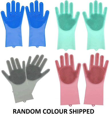 Zemlite Silicon Cleaning Gloves, Silicon Hand Gloves for Kitchen Dishwashing and Pet Grooming, Great for Washing Dish, Car, Bathroom (Multicolour) -Pack of 1 Pair Wet and Dry Glove(Free Size)