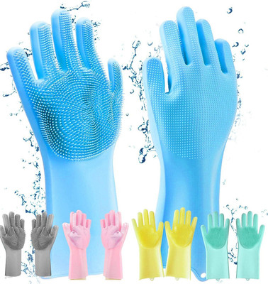 Zemlite Silicone Cleaning Hand Gloves for Kitchen Dishwashing and Pet Grooming, Washing Dish, Car, Bathroom (Multicolour) pack of 1 pair Wet and Dry Glove(Free Size)