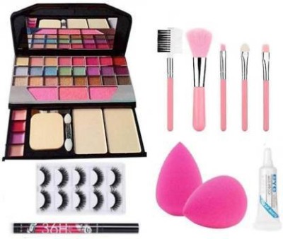 swenky make up kit 6155 Makeup Eye Shadow Kit & 5 pcs Professional Makeup Brush With Sponge Puff Beauty Blender & False Eye lash & Eye Lash Glue & Water Proof 36 H Eye Liner (15 Items in the set)(15 Items in the set)