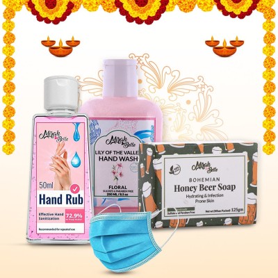 Mirah Belle Naturals Diwali Hamper for Bestfriends (Pack Of 4) Sanitizer 50 ml, Face mask, Organic Soap, Hand Wash - Best Diwali Gifts for Best Friends(4 Items in the set)