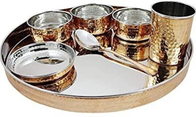 Thathera Pack of 7 Copper, Stainless Steel Designer Traditional Hammered Steel/Copper Thali Dinner Set of 7 Pcs 1 Thali ,1 Puding Plate, 3 Bowls, 1 Spoon, 1 Glass Special Thali for Dining Table Stainless Steel Plates And Dinner Set For Kitchen Dining Thali Plate With Roti Bhaji Pickle Salad Compartm