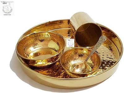 Thathera Pack of 5 Brass Designer Traditional Hammered BrassThali Dinner Set of 5 Pcs 1 Thali, 2 Bowls, 1 Spoon, 1 Glass Special Thali for Dining Table Stainless Steel Plates And Dinner Set For Kitchen Dining Thali Plate With Roti Bhaji Pickle Salad Compartment Tray And Thalis. Dinner Set(Gold, Micr