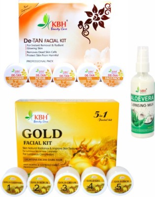 kbh Gold facial Kit (155gm) + De-Tan dtan Facial Kit (155gm) + Aloevera Cleansing Milk(100g) Set Facial Kit Cleansing Milk Combo(3 x 120 ml)