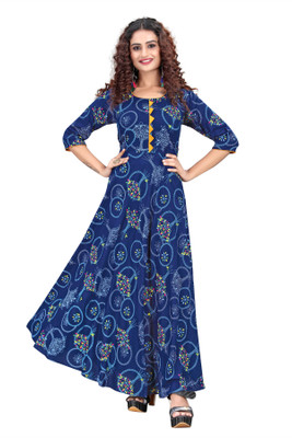 RASIKAA Women Printed Flared Kurta(Dark Blue)