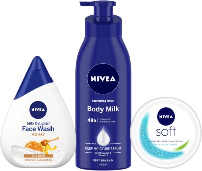 NIVEA Body Lotion, Nourishing Body Milk 400 ml, Milk Delights Honey, Facewash 100 ml and Soft Light Moisturizer, Non Sticky Cream, 50 ml(3 Items in the set)