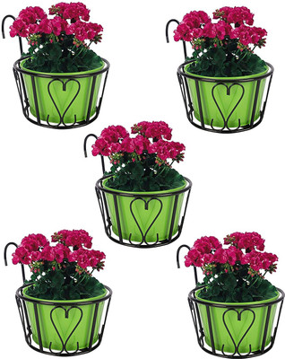 UV International Metal Railing Round Basket with Handle 25.3 cm and Height- 12.5 cm (Set of 5) Plant Container Set(Pack of 12, Metal)
