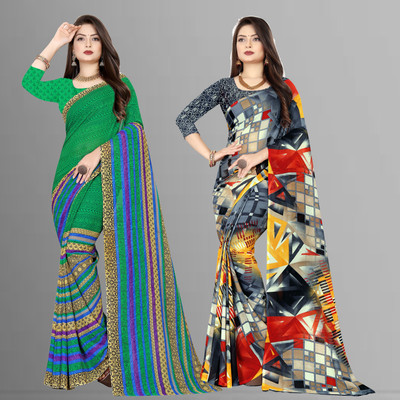 Anand Sarees Printed Daily Wear Georgette Saree(Pack of 2, Green, Grey)