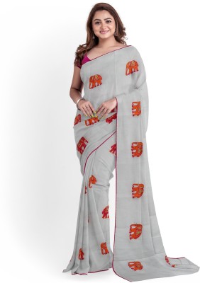 DHRUV CREATION Embroidered Chanderi Chanderi Saree(Orange, Grey)