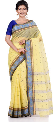 TANTLOOM Striped Handloom Handloom Pure Cotton Saree(Yellow)