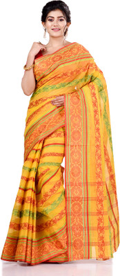 TANTLOOM Floral Print Handloom Handloom Pure Cotton Saree(Yellow)