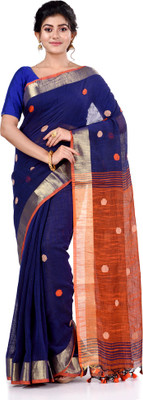 TANTLOOM Floral Print Handloom Handloom Pure Cotton Saree(Dark Blue)