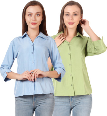 HEAVENS CREATIONS Women Solid Formal Light Blue Shirt(Pack of 2)