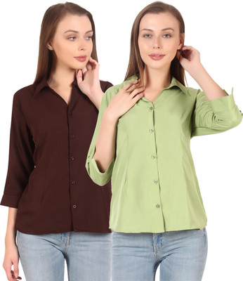 Giggles Women Solid Formal Brown Shirt(Pack of 2)