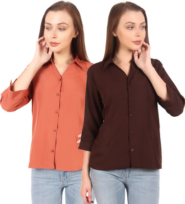 Giggles Women Solid Formal Brown, Orange Shirt(Pack of 2)