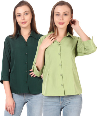 HEAVENS CREATIONS Women Solid Casual Dark Green, Light Green Shirt(Pack of 2)