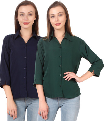 HEAVENS CREATIONS Women Solid Formal Dark Blue Shirt(Pack of 2)