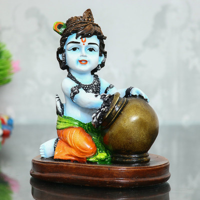 eCraftIndia Decorative Makhan Chor/Baal Krishna Decorative Showpiece  -  15.24 cm(Polyresin, Orange, Green, Brown)