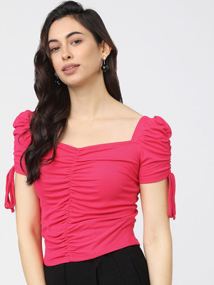 Tokyo Talkies Casual Solid Women Pink Top
