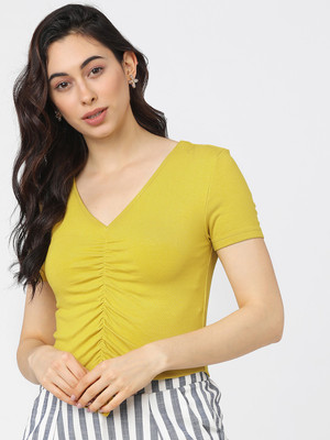 Tokyo Talkies Casual Solid Women Yellow Top