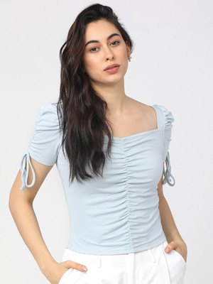 Tokyo Talkies Casual Solid Women Light Blue Top