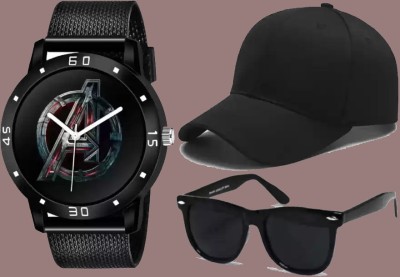 Florida stylish avenger dial pu strap + stylish ny baseball + stylish wayfarer black sunglass Analog Watch  - For Men
