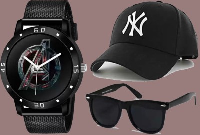 Florida stylish avenger dial pu strap + stylish ny baseball + stylish wayfarer black sunglass Analog Watch  - For Men