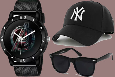 Florida stylish avenger dial pu strap + stylish ny baseball + stylish wayfarer black sunglass Analog Watch  - For Men Florida stylish avenger dial pu strap + stylish ny baseball + stylish wayfarer black sunglass Analog Watch  - For Men