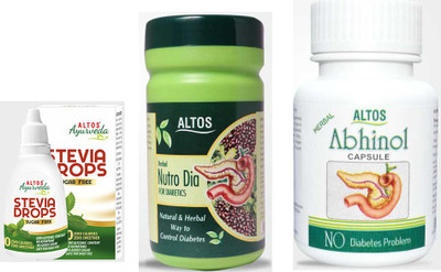 ALTOS Diabetes Package | Stevia Drops 10ml | Abhinol capsule 60cap | Nutro Dia Powder 100g(Pack of 3, 60 Capsules)