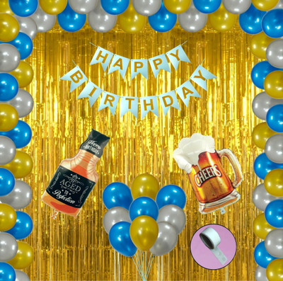 Agk Pack of 48 Pcs Happy Birthday Decoration Balloons Includes Happy Birthday Banner - Blue + 2 Pcs Golden Fringe Shiny Curtains + 30 Pcs Metallic Balloons (Blue, Gold and Silver) + 1 pcs Whiskey Bottle Shape Foil Balloon + 1 pcs Cheer Mug glass Foil Balloons + 1 pcs Glue Dots Roll for Birthday Part Agk Pack of 48 Pcs Happy Birthday Decoration Balloons Includes Happy Birthday Banner - Blue + 2 Pcs Golden Fringe Shiny Curtains + 30 Pcs Metallic Balloons (Blue, Gold and Silver) + 1 pcs Whiskey Bottle Shape Foil Balloon + 1 pcs Cheer Mug glass Foil Balloons + 1 pcs Glue Dots Roll for Birthday Part