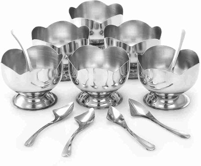 Anee-Kee Stainless Steel Salad Bowl Stainless Steel6 Ice Cream Cup/Soup Bowl & 6 Ice Cream Spoon Pudding Bowl(Pack of 6, Steel)